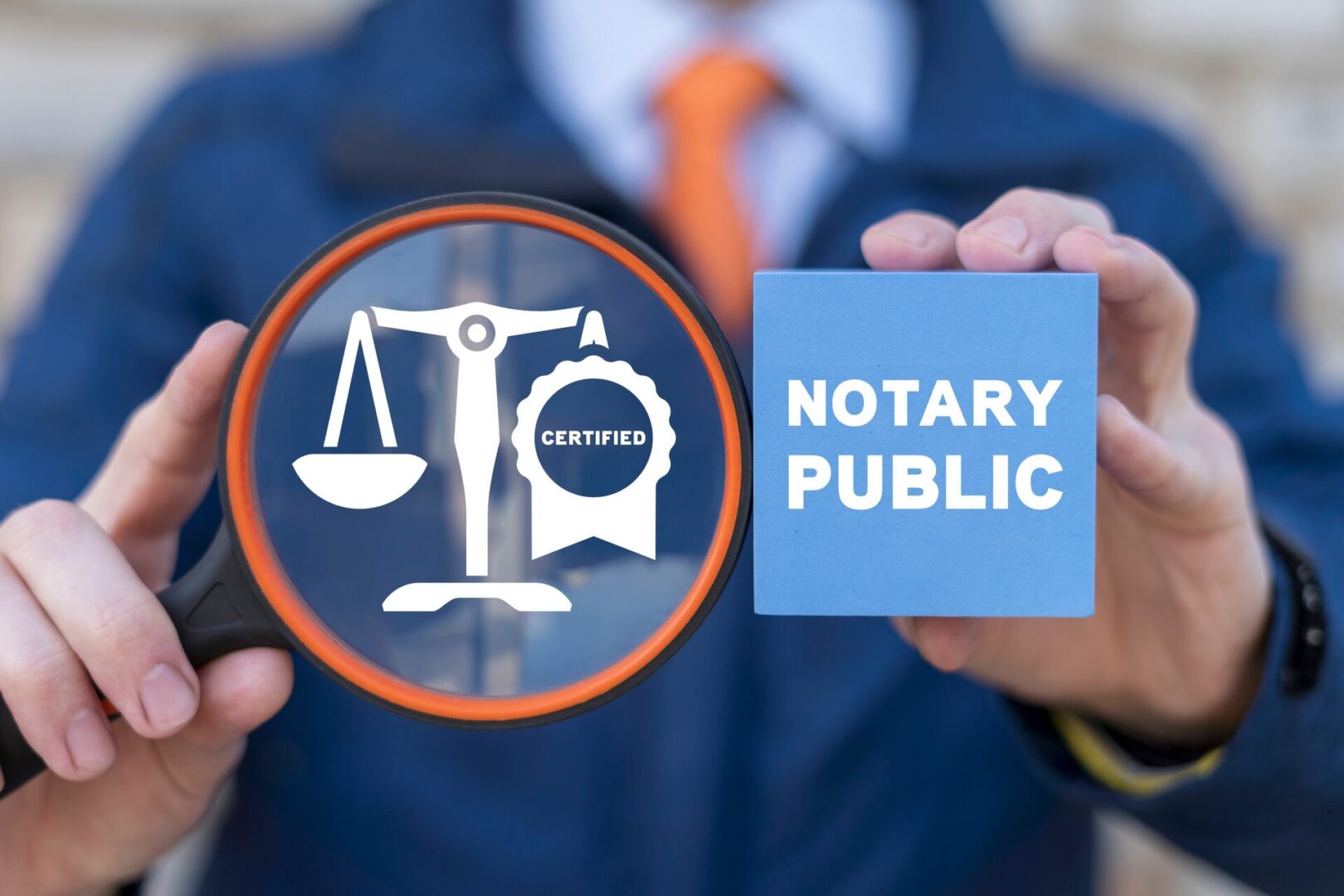 A person holding up a sign that says notary public.