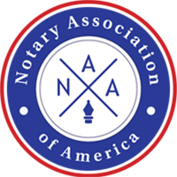 A blue and red logo for the notary association of america.